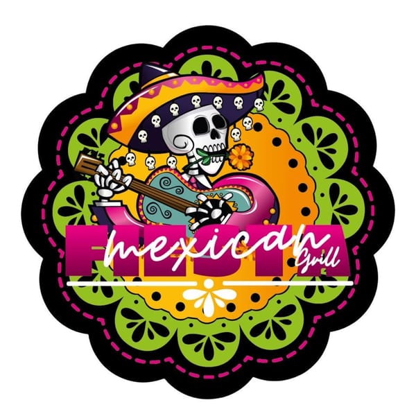 Fiesta Mexican Grill logo with a skeleton mariachi playing guitar on a colorful floral background.