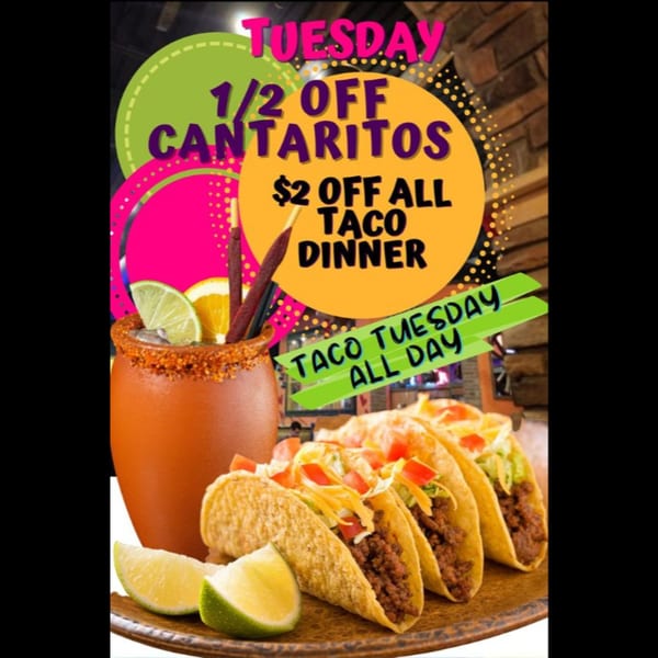 Fiesta Mexican's Taco Tuesday promotion with tacos, a Cantarito drink, and lime wedges.