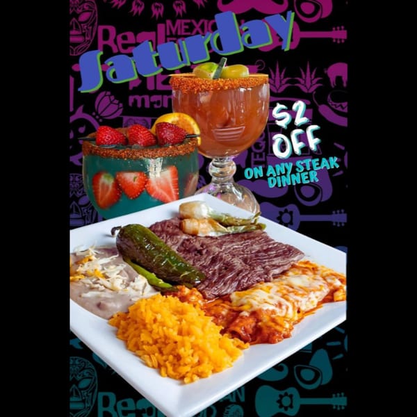 Fiesta Mexican steak dinner with rice, beans, enchiladas, and two festive drinks.