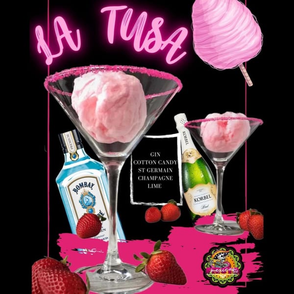 Pink cotton candy cocktails with gin, champagne, and strawberries, advertising Fiesta Mexican.