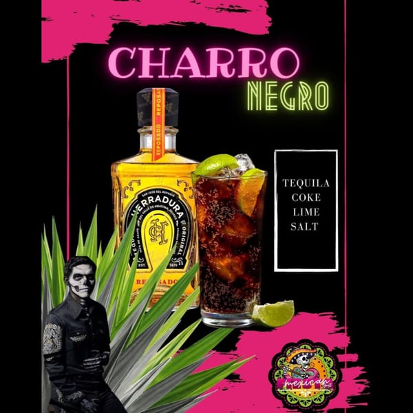 A Charro Negro cocktail with tequila, coke, lime, and salt, alongside a bottle of Herradura tequila.